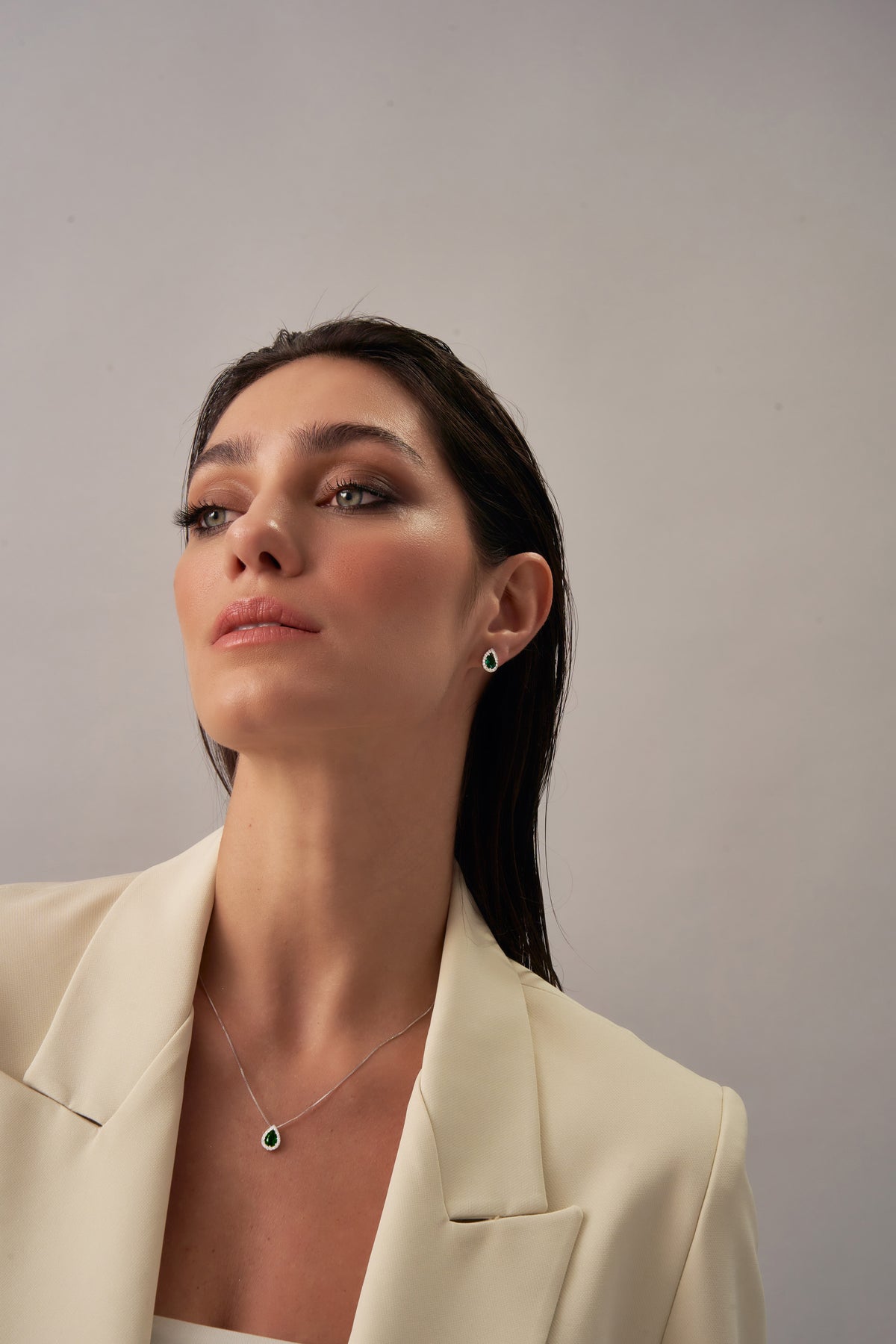 Silver Teardrop Emerald Pendant Necklace with Zirconia