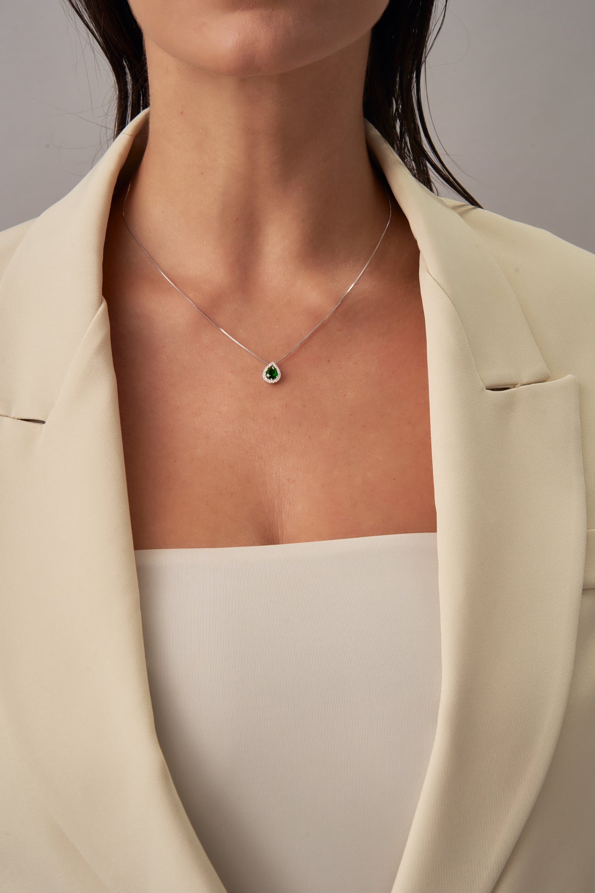 Silver Teardrop Emerald Pendant Necklace with Zirconia