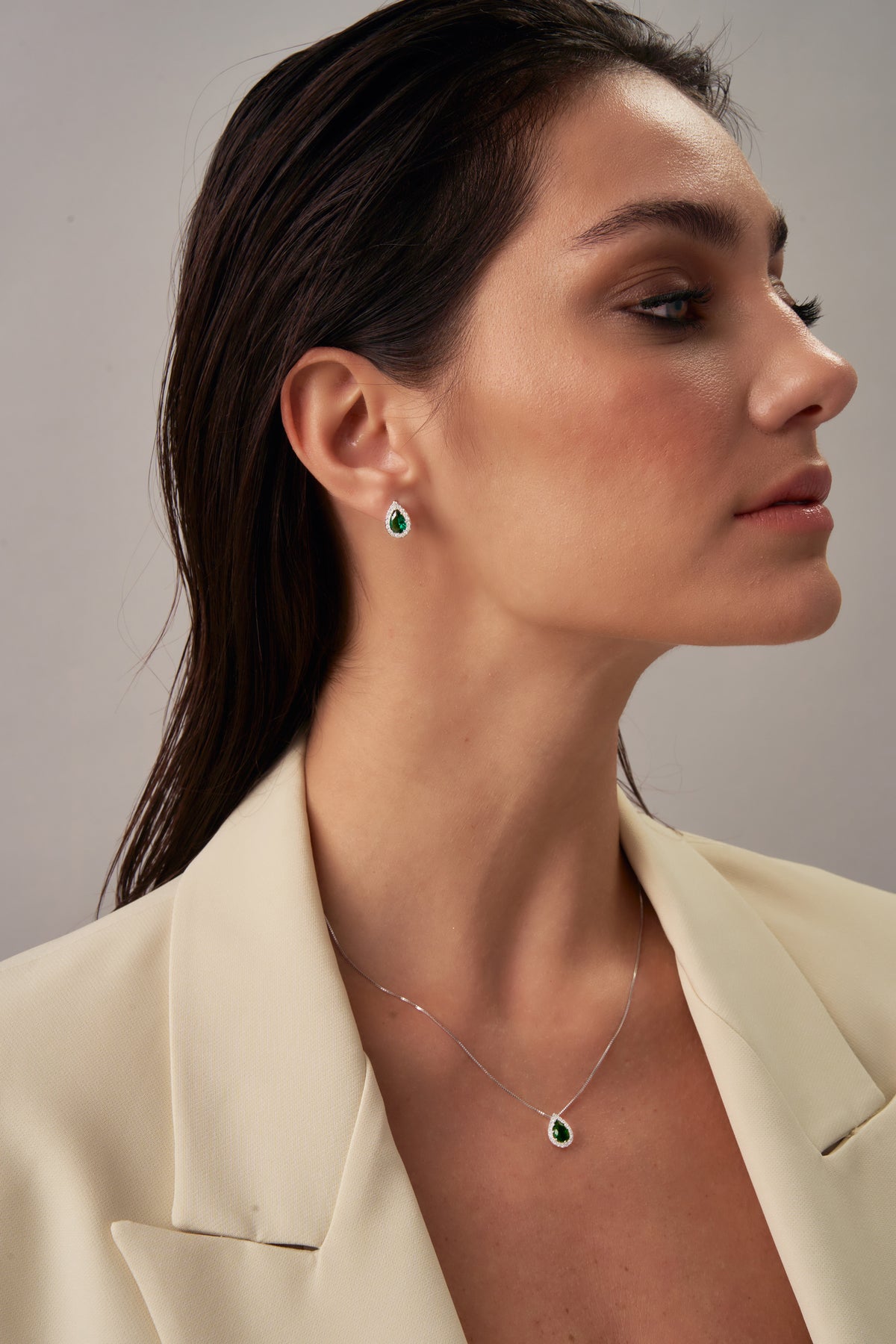 Silver Teardrop Emerald Pendant Necklace with Zirconia