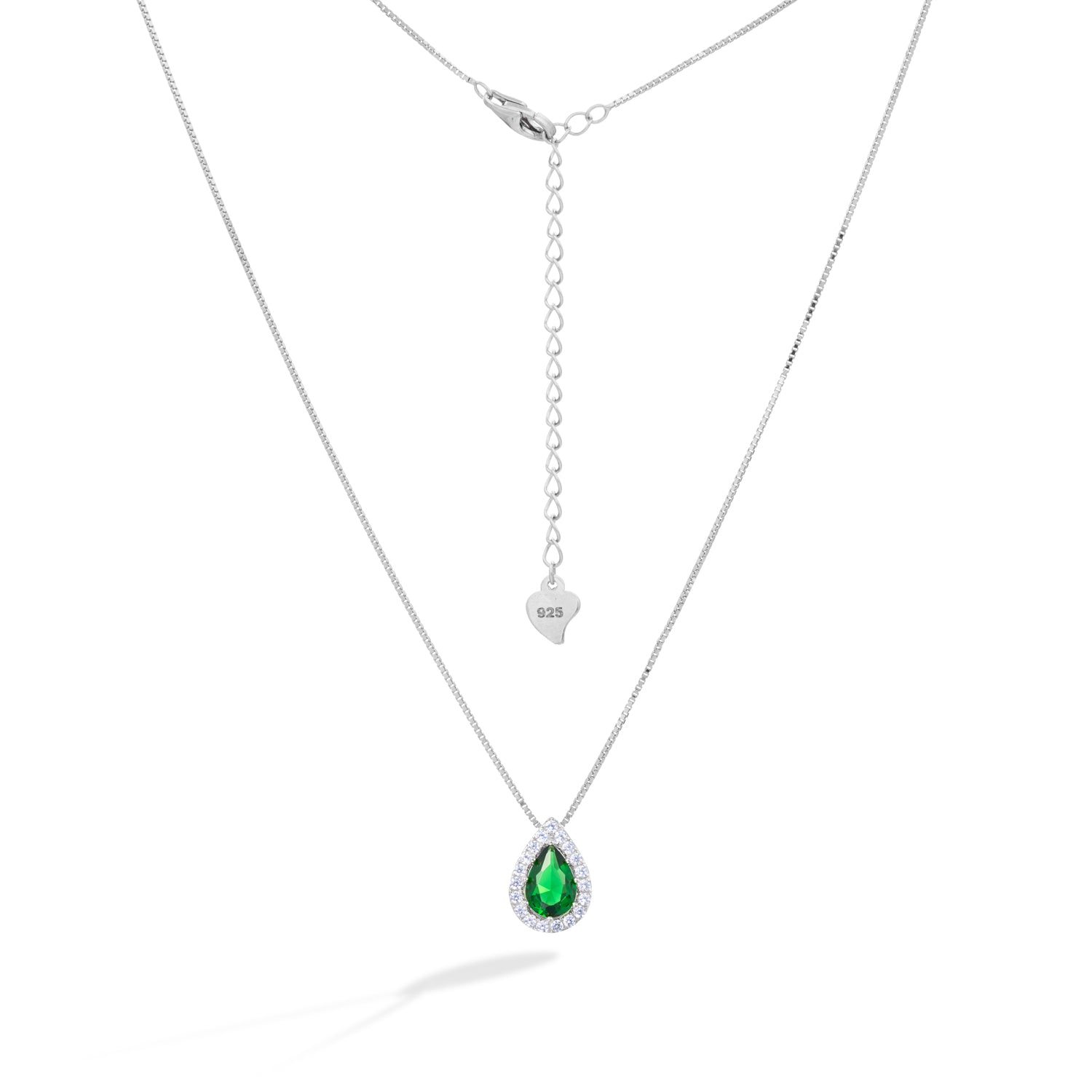 Silver Teardrop Emerald Pendant Necklace with Zirconia