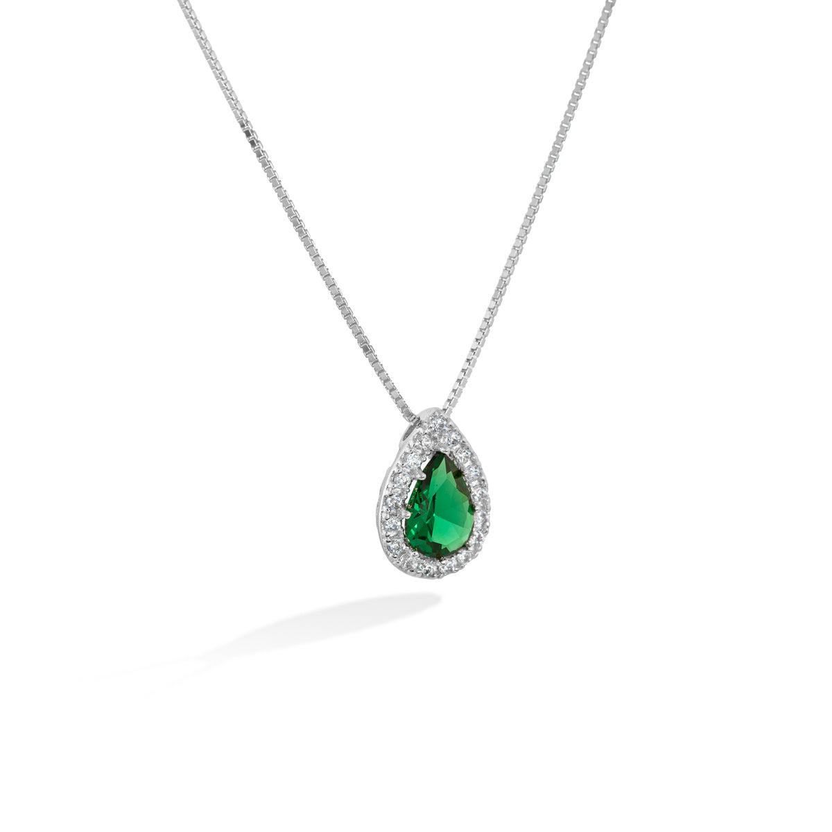 Silver Teardrop Emerald Pendant Necklace with Zirconia