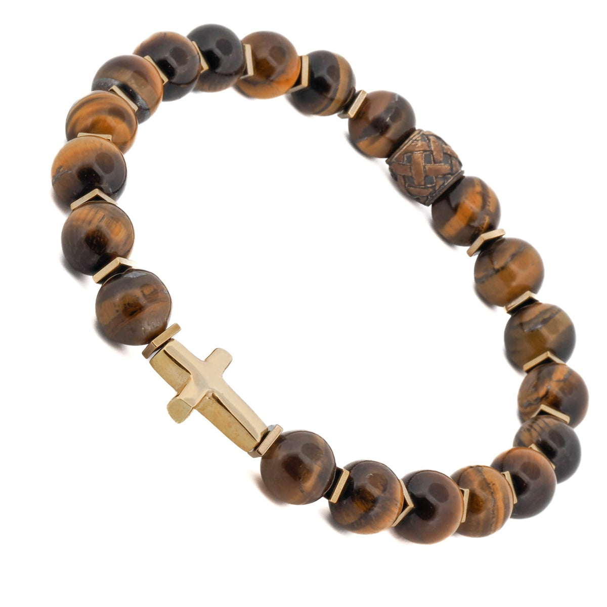 Tiger&#39;s eye bracelet with gold hematite spacers and an 18k gold-plated cross charm