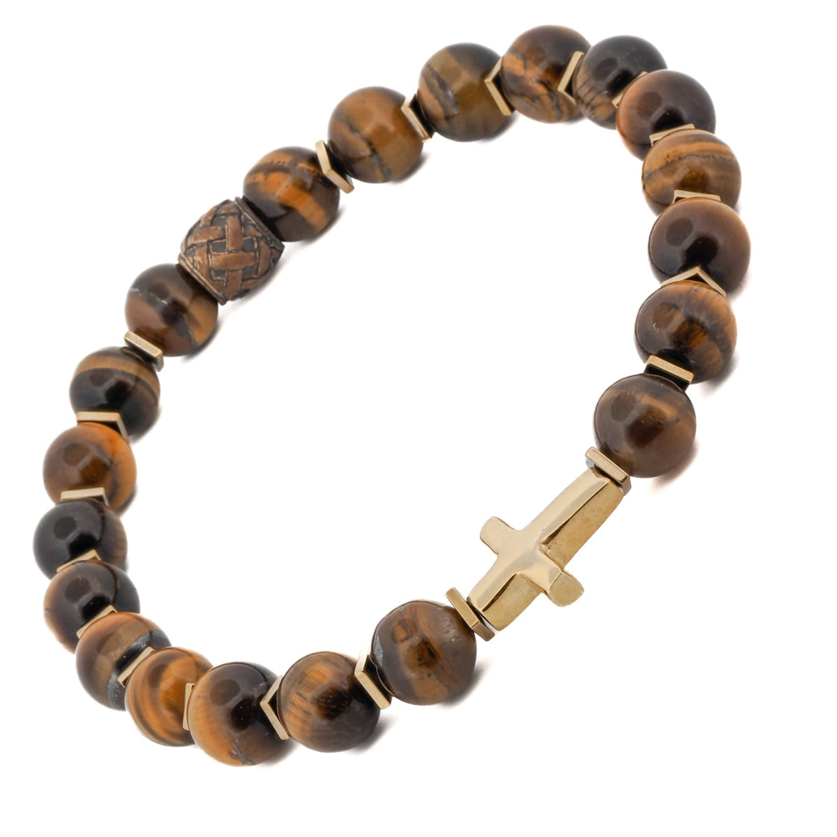 Handcrafted bracelet with tiger&#39;s eye beads and a gold-plated sterling silver cross charm