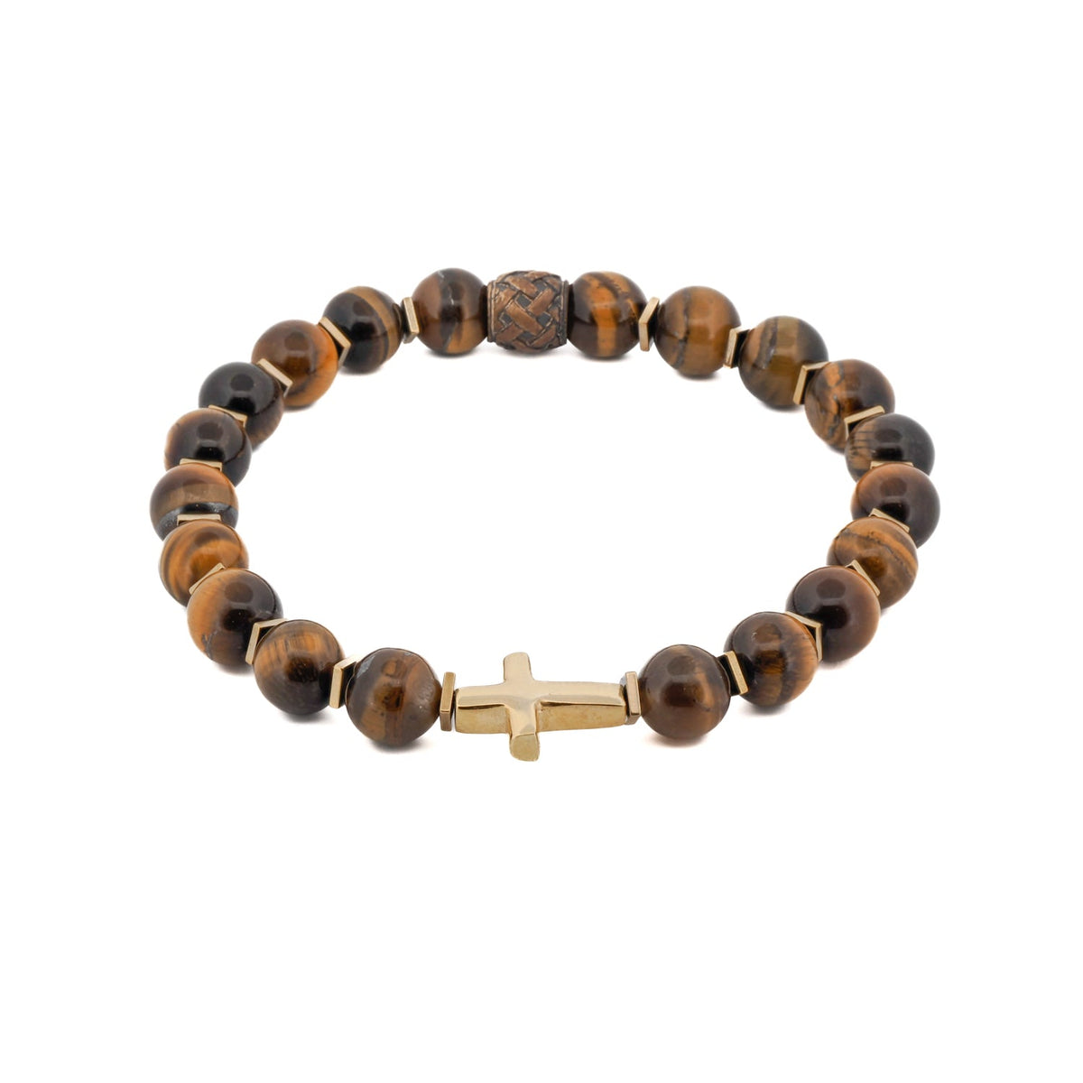 Elegant bracelet featuring tiger&#39;s eye stone beads and an 18k gold-plated sterling silver cross charm