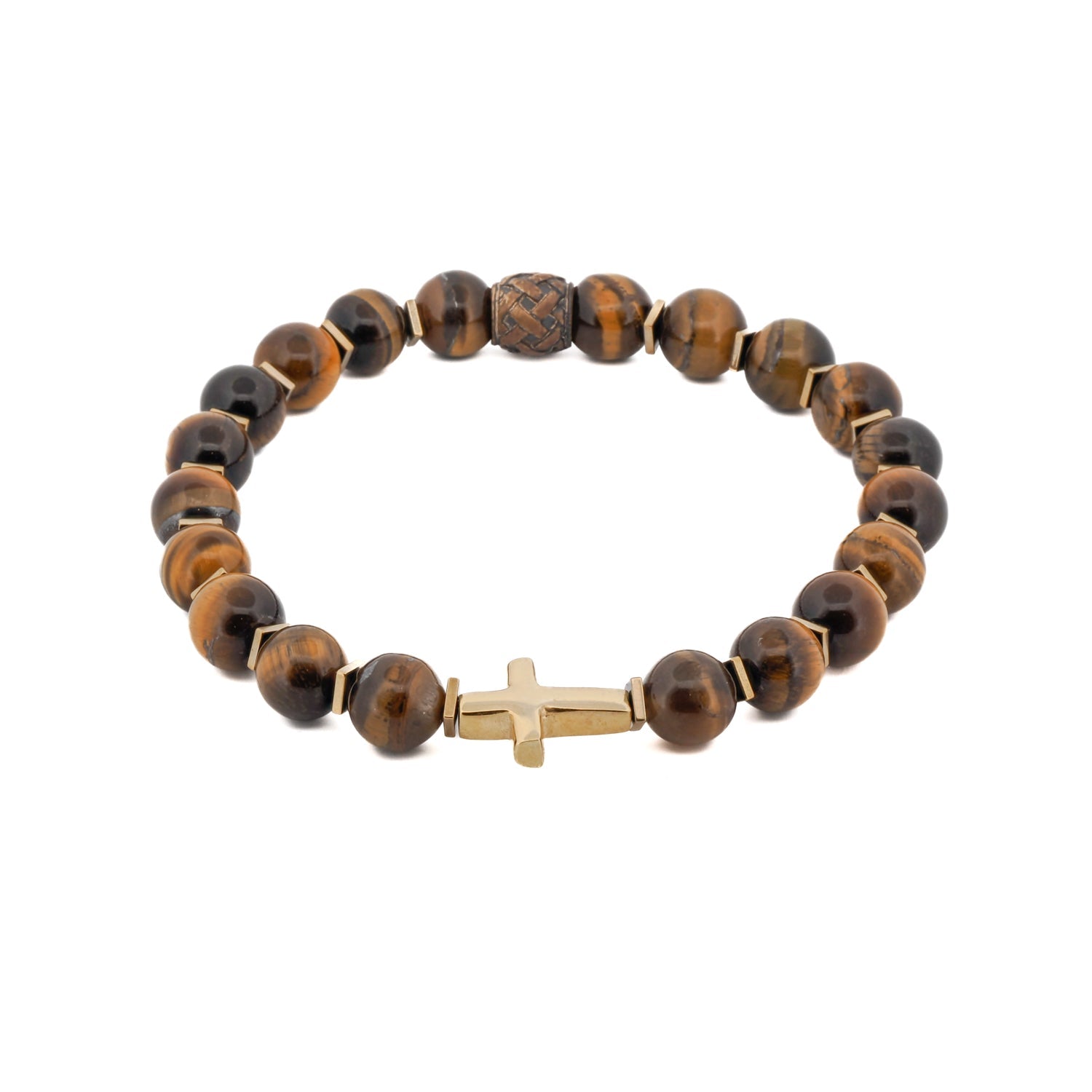 Elegant bracelet featuring tiger's eye stone beads and an 18k gold-plated sterling silver cross charm