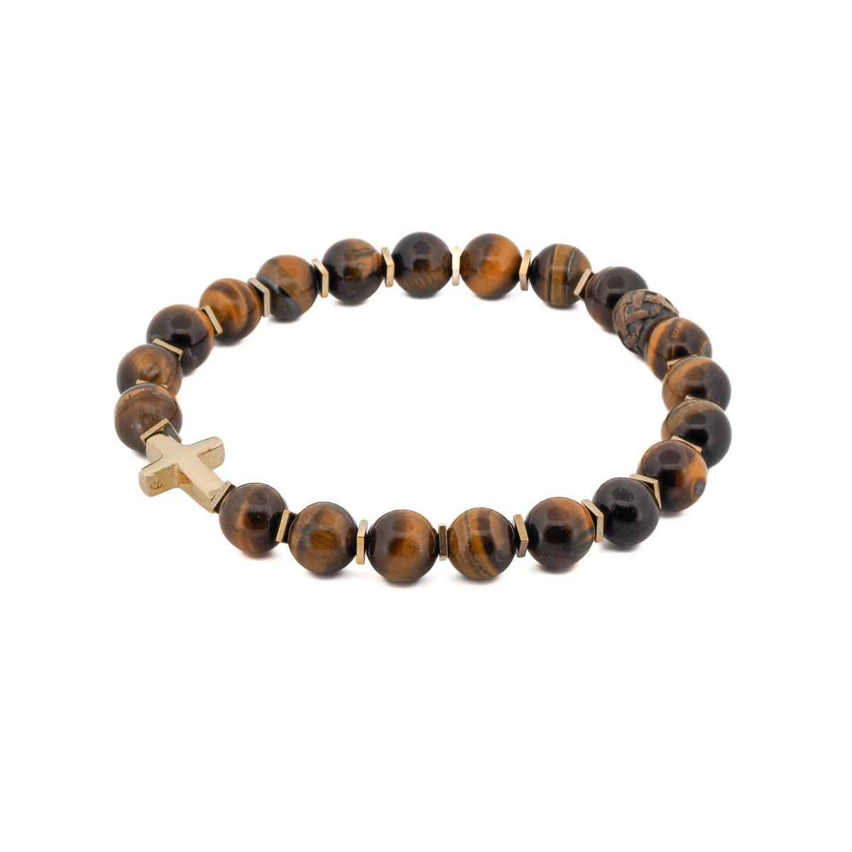 Spiritual bracelet with tiger&#39;s eye stone beads and an 18k gold-plated cross charm