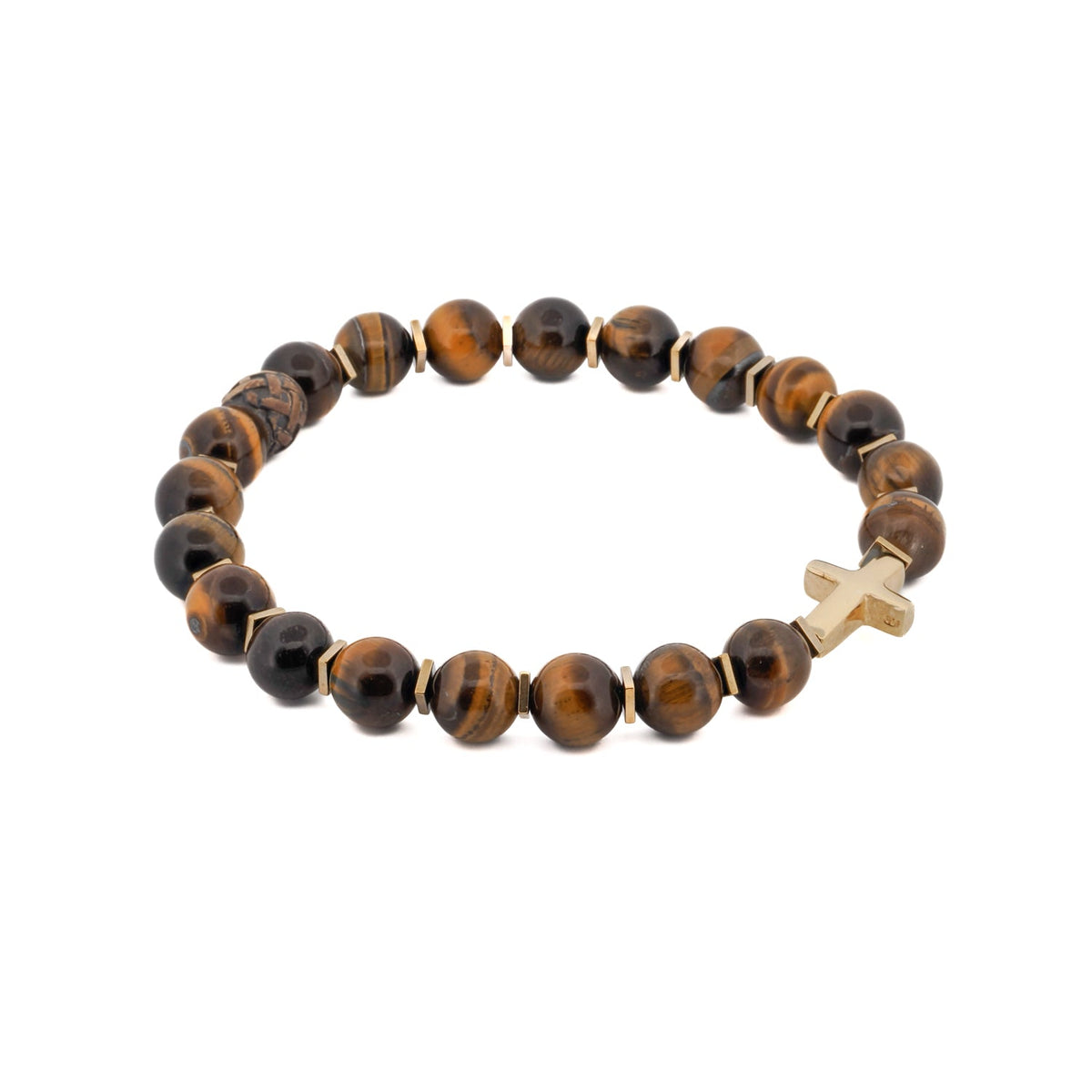 Bracelet featuring 8mm tiger&#39;s eye beads and a gold-plated sterling silver cross charm
