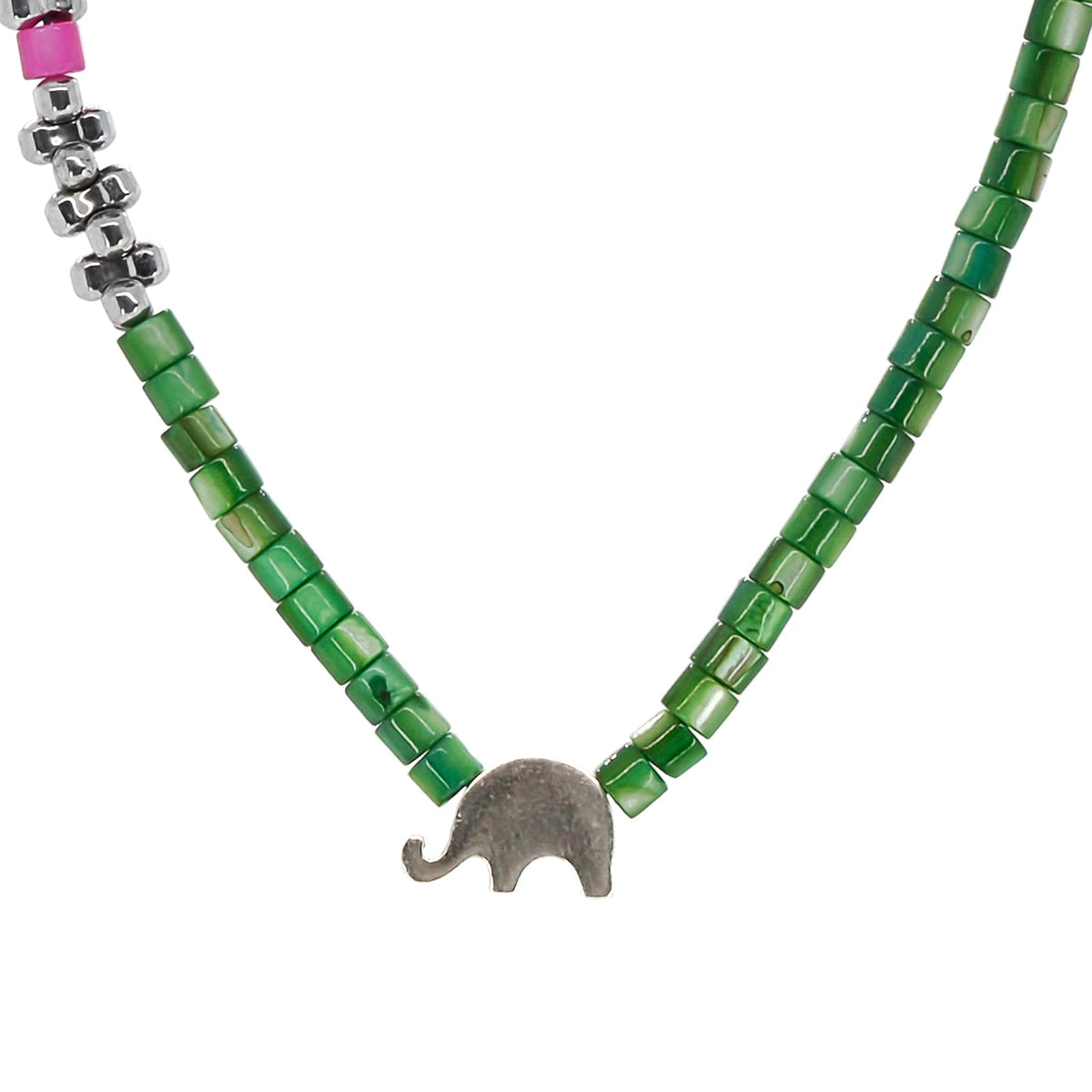 Charming Elephant Pendant on Lustrous Green Pearl Beads