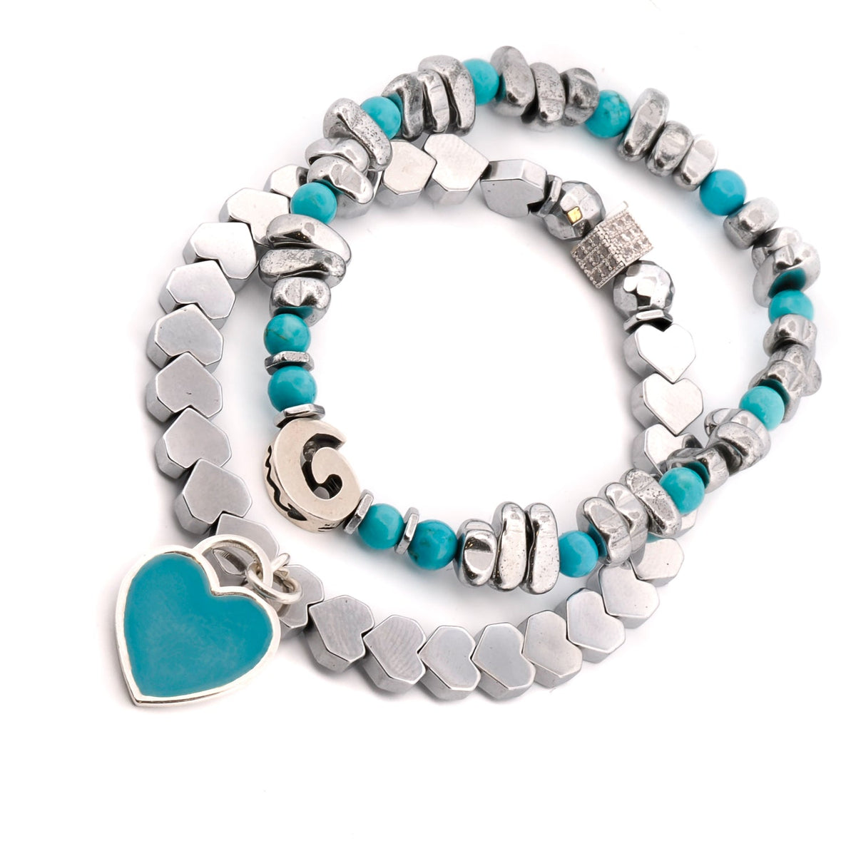 Sterling Silver Heart Charm Bracelet Set