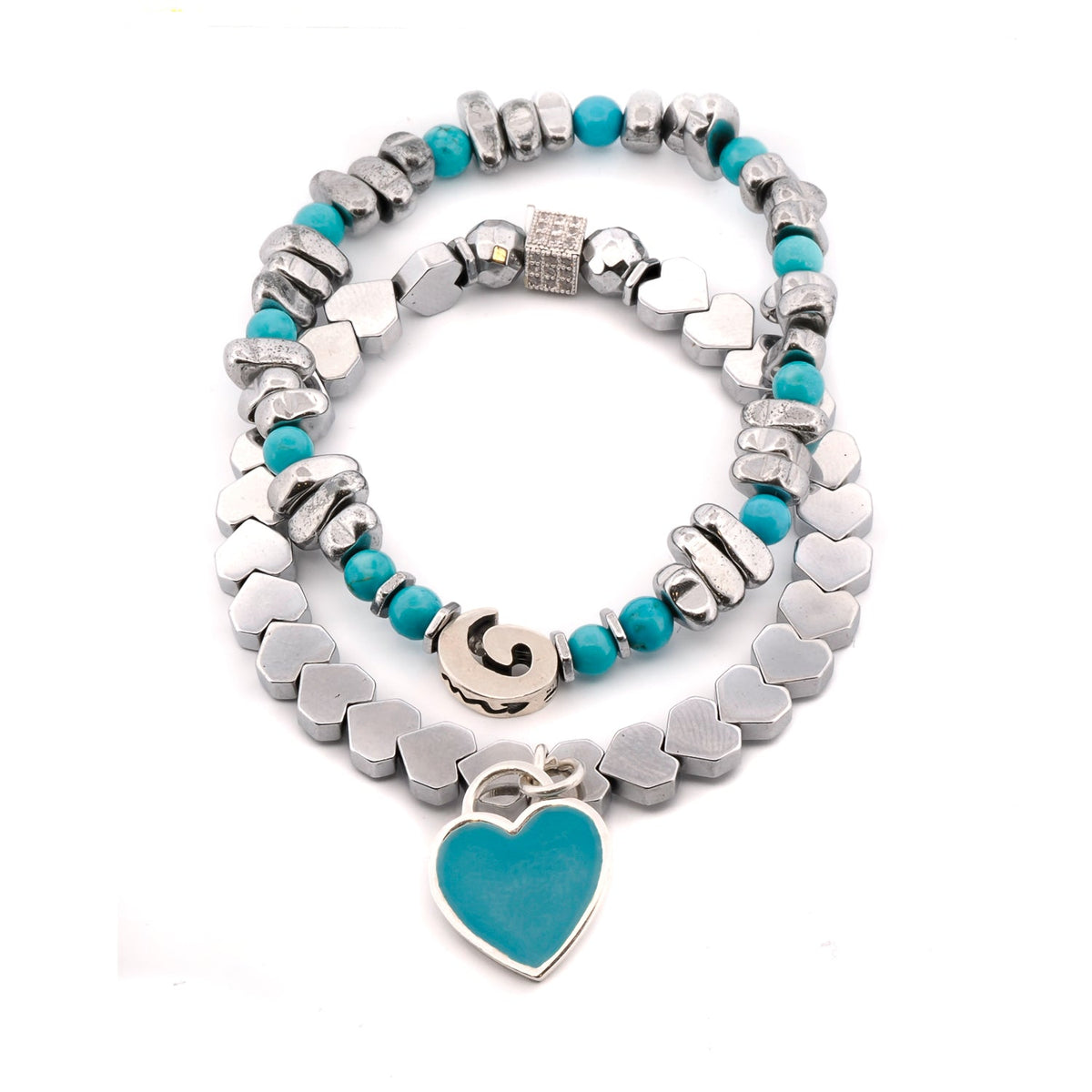 Sterling Silver Love Charms Turquoise &amp; Hematite Bracelet Set