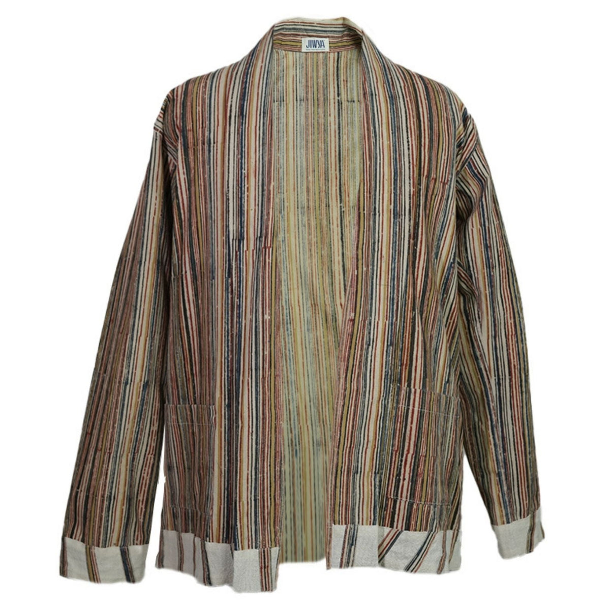 The Surajmukhi Unisex Jacket by JIWYA is a loose, open-front jacket with long sleeves, earthy-toned vertical stripes, rainfed cotton fabric, and two front pockets for a relaxed style.