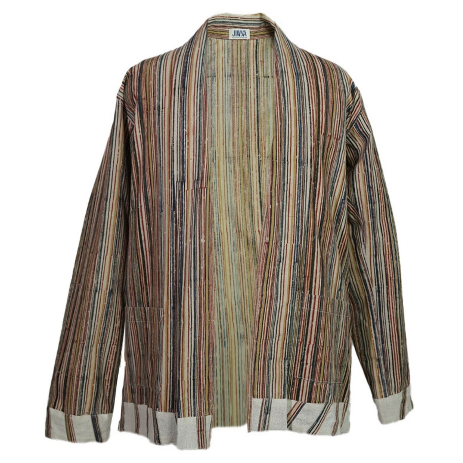 The Surajmukhi Unisex Jacket by JIWYA is a loose, open-front jacket with long sleeves, earthy-toned vertical stripes, rainfed cotton fabric, and two front pockets for a relaxed style.