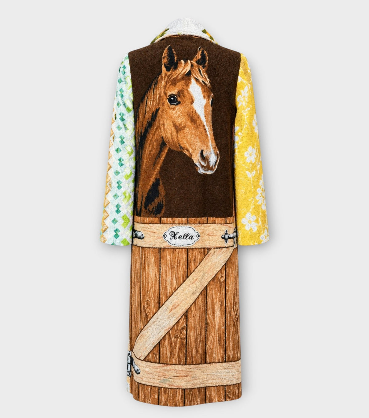 STUDIO WUNDERBAR Hella Horse Coat: blue floral patchwork long coat with yellow roses, striped panels, fringe hem and a horse panel on the back, upcycled one-of-a-kind coat, alternate angle, buy at DOORS NYC