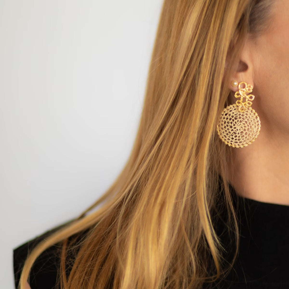 NART buriti lace earrings worn by model, women's artisan earrings, buy at DOORS NYC