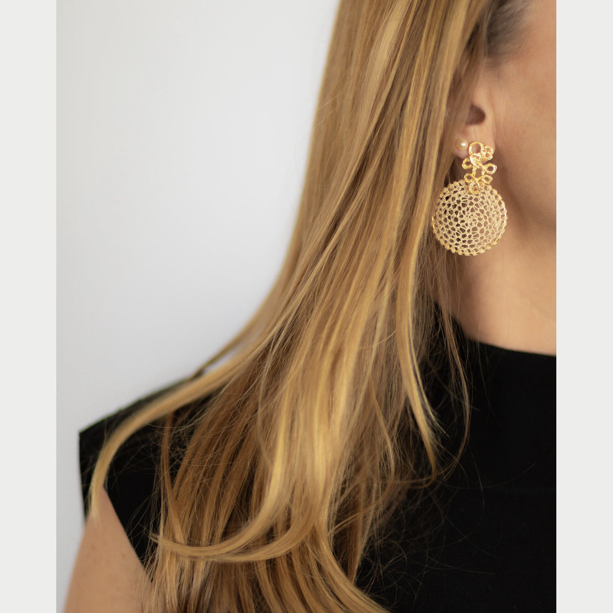 NART buriti lace fiber earrings styled look, delicate natural fiber earrings, buy at DOORS NYC