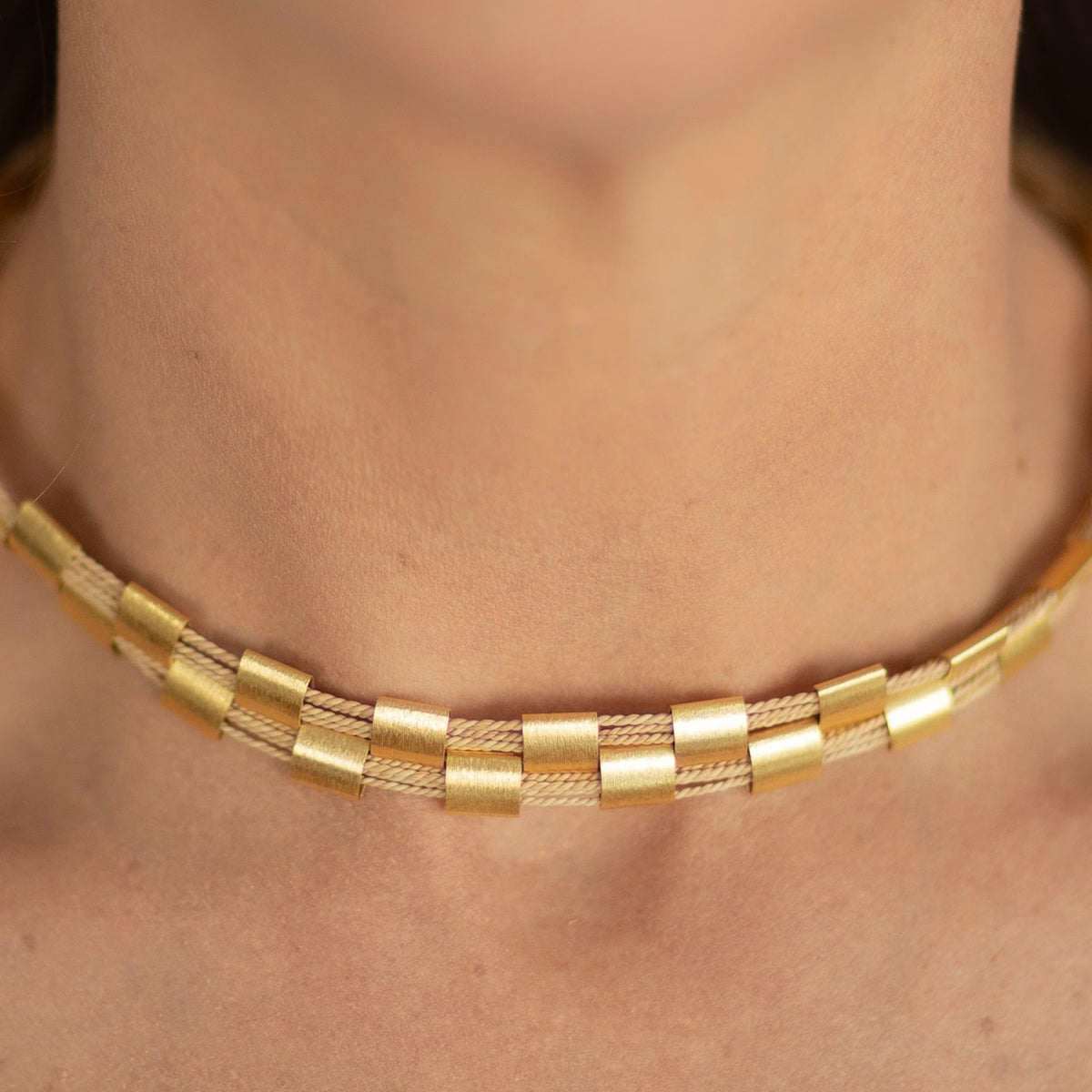NART chain buriti necklace styled look, handmade chain and fiber necklace, buy at DOORS NYC