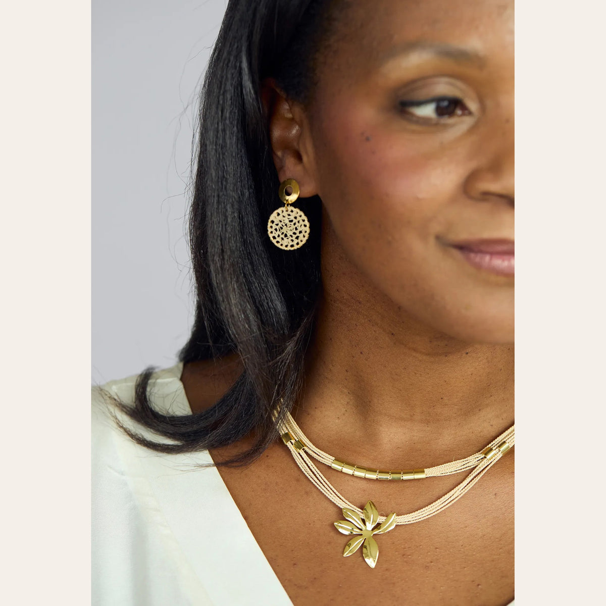 NART flower buriti necklace lifestyle look, Brazilian handmade jewelry, buy at DOORS NYC