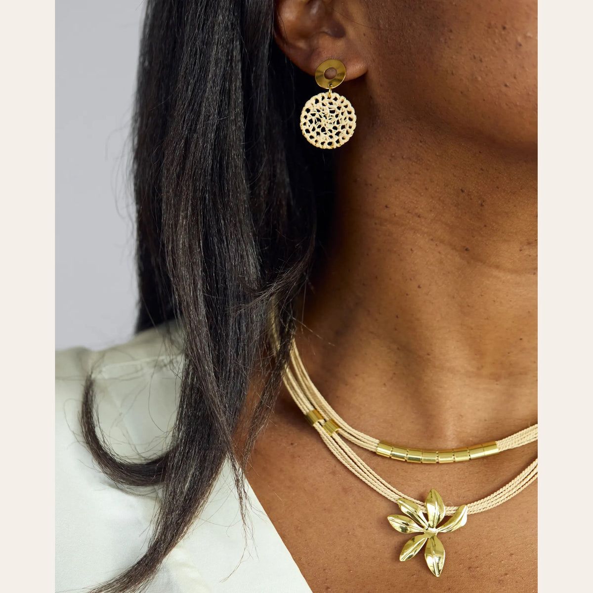 NART flower buriti necklace editorial look, buy at DOORS NYC