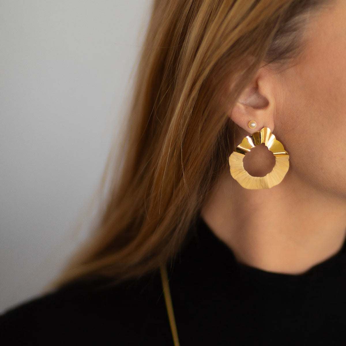 NART gout buriti earrings worn by model, women's artisan earrings, buy at DOORS NYC