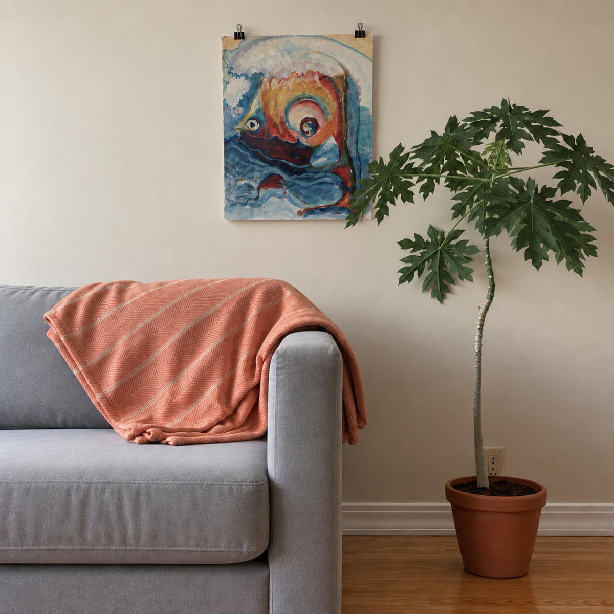PATRICIA TUDOSA The Great Wave with Fish mixed media artwork shown staged in an interior, original art at DOORS NYC