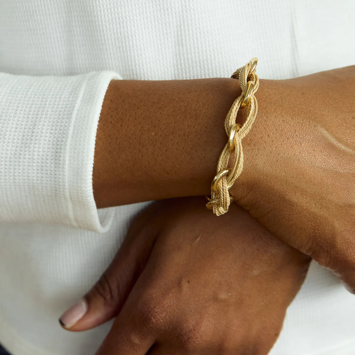 NART knot buriti fiber bracelet worn by model, women's artisan bracelet, buy at DOORS NYC