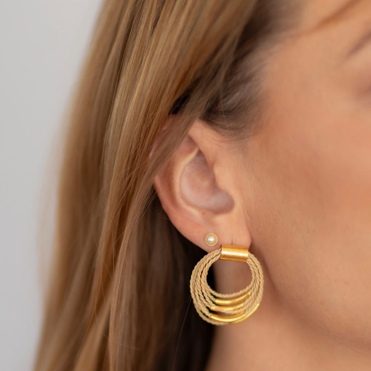 NART multiple buriti earrings worn by model, women's artisan earrings, buy at DOORS NYC