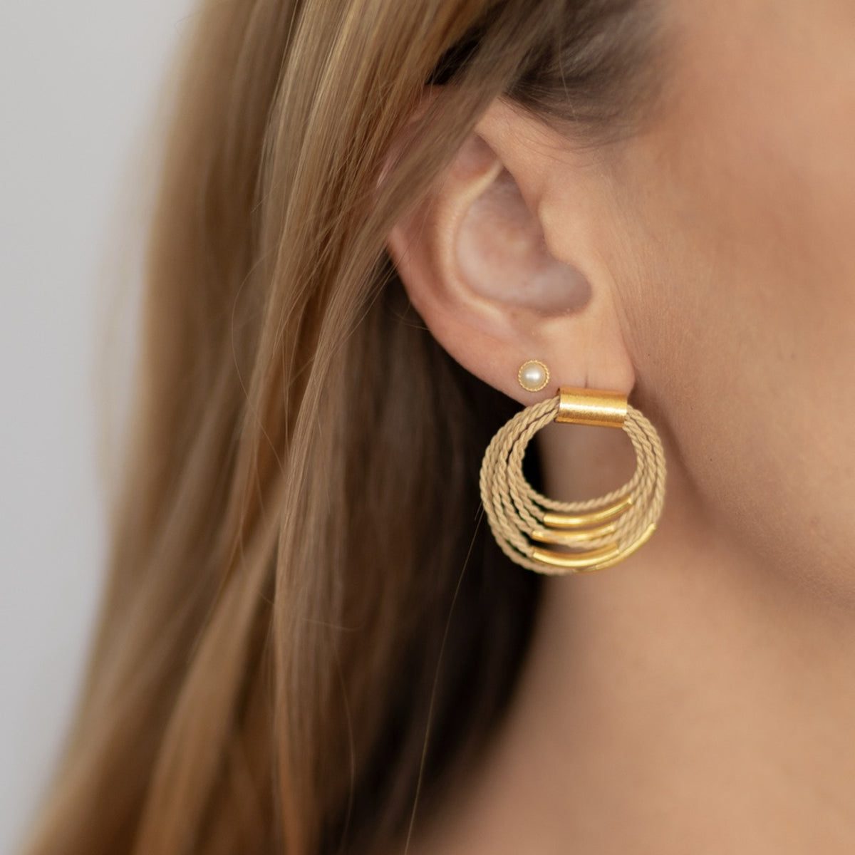 NART multiple buriti fiber earrings styled look, natural fiber women's earrings, buy at DOORS NYC