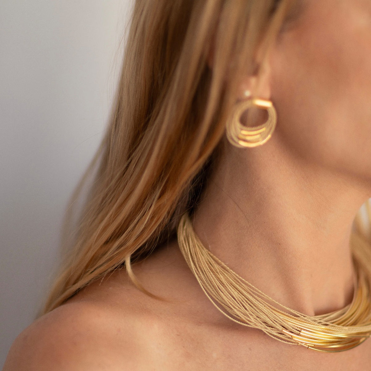 NART multiple buriti fiber necklace styled look, women's Brazilian jewelry, buy at DOORS NYC