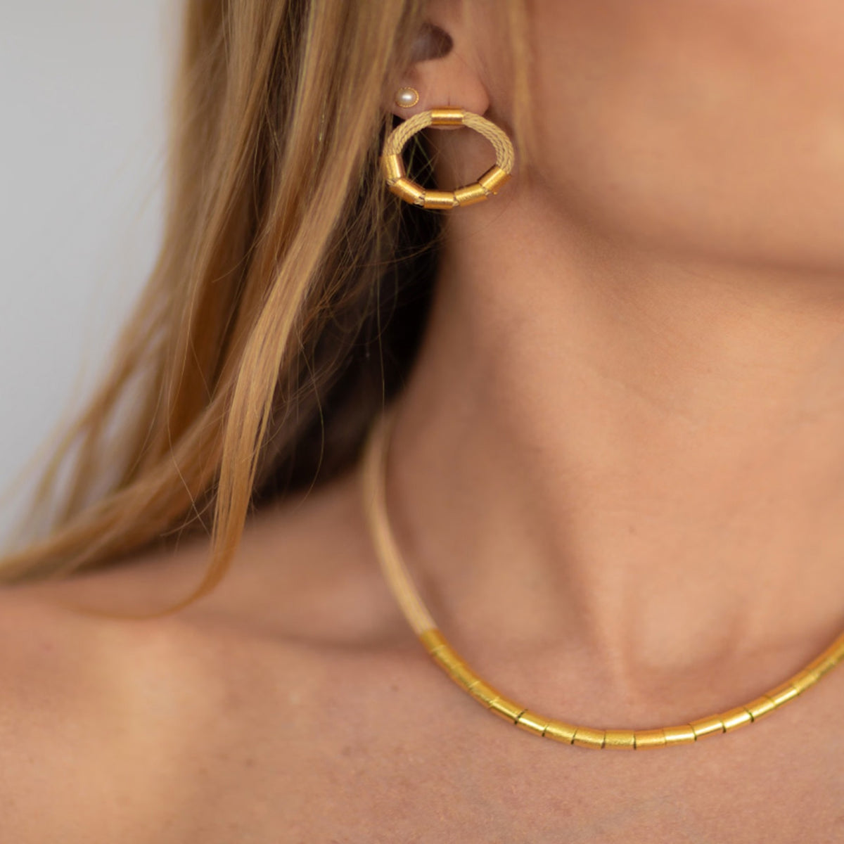NART rings buriti earrings worn by model, women's artisan earrings, buy at DOORS NYC