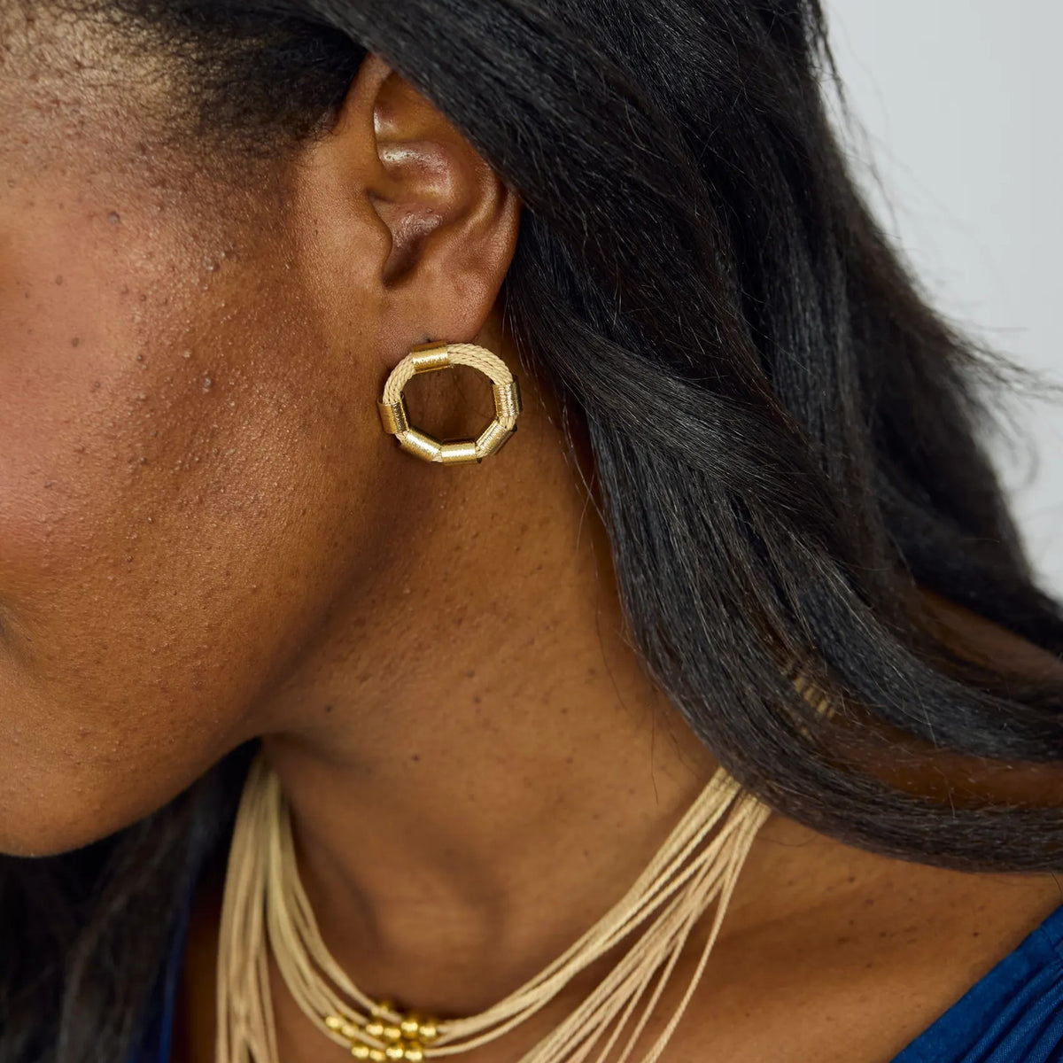 NART rings buriti fiber earrings worn by model, women's artisan earrings, buy at DOORS NYC