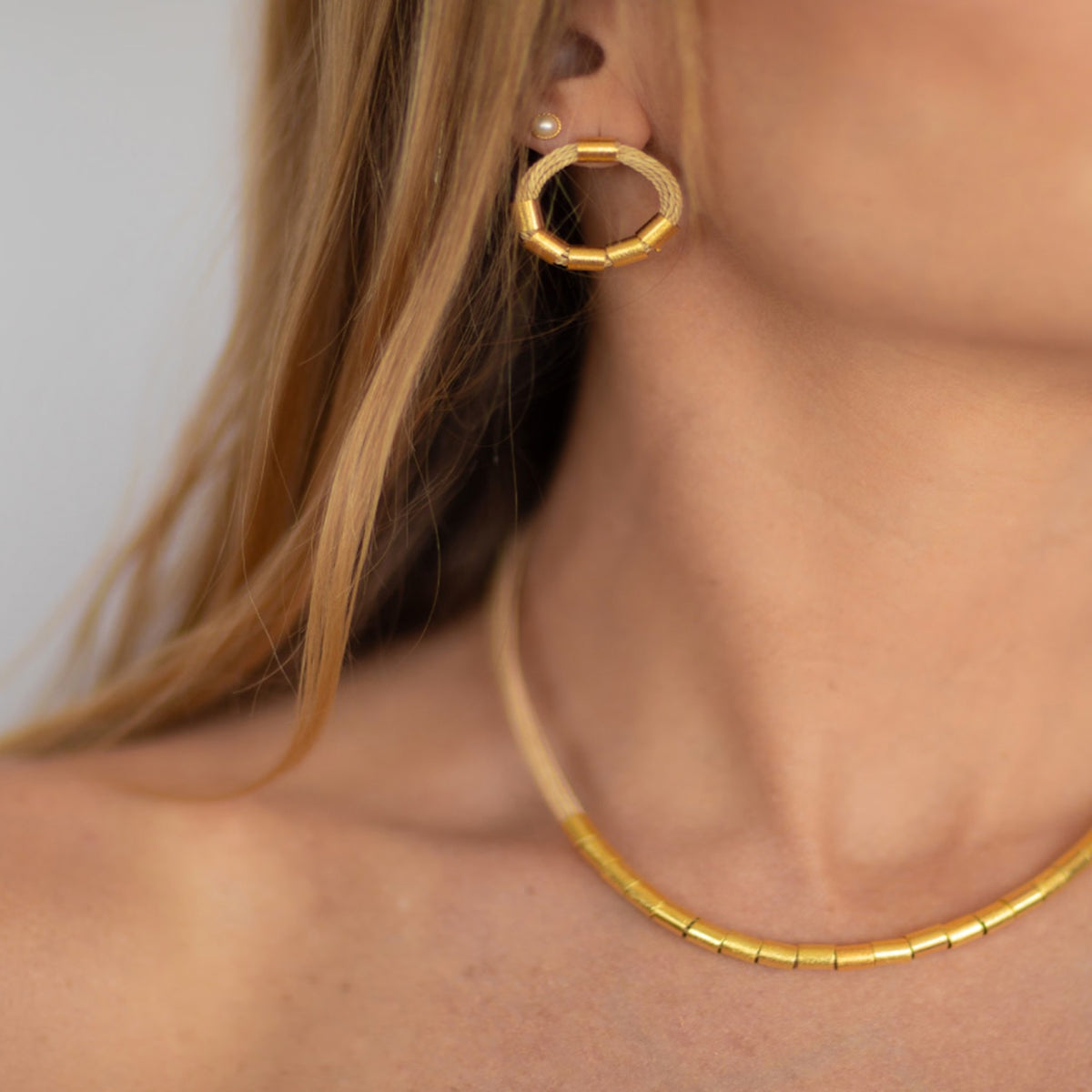 NART rings buriti necklace worn by model, women's artisan necklace, buy at DOORS NYC