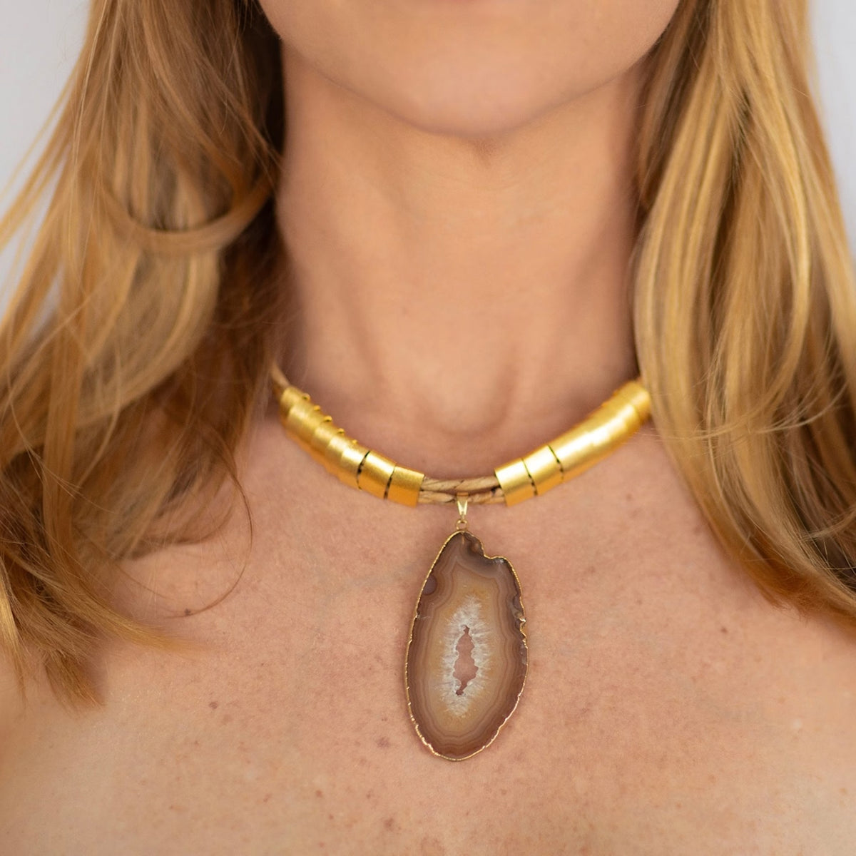 NART rock banana fiber necklace worn by model, women's artisan necklace, buy at DOORS NYC