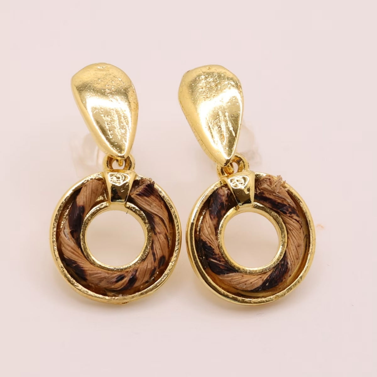 NART single round banana fiber earrings, handmade Brazilian women's earrings, view 1, buy at DOORS NYC
