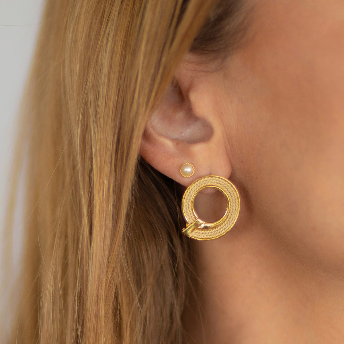 NART spiral buriti earrings worn by model, women's artisan earrings, buy at DOORS NYC