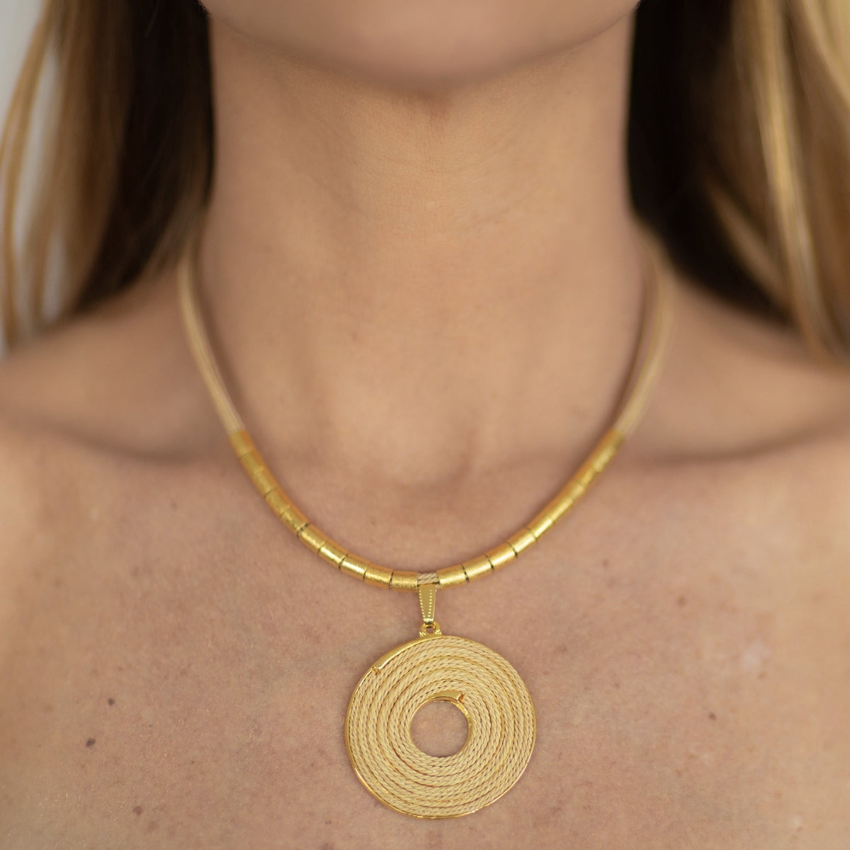 NART spiral buriti fiber necklace large styled look, women's Brazilian jewelry, buy at DOORS NYC