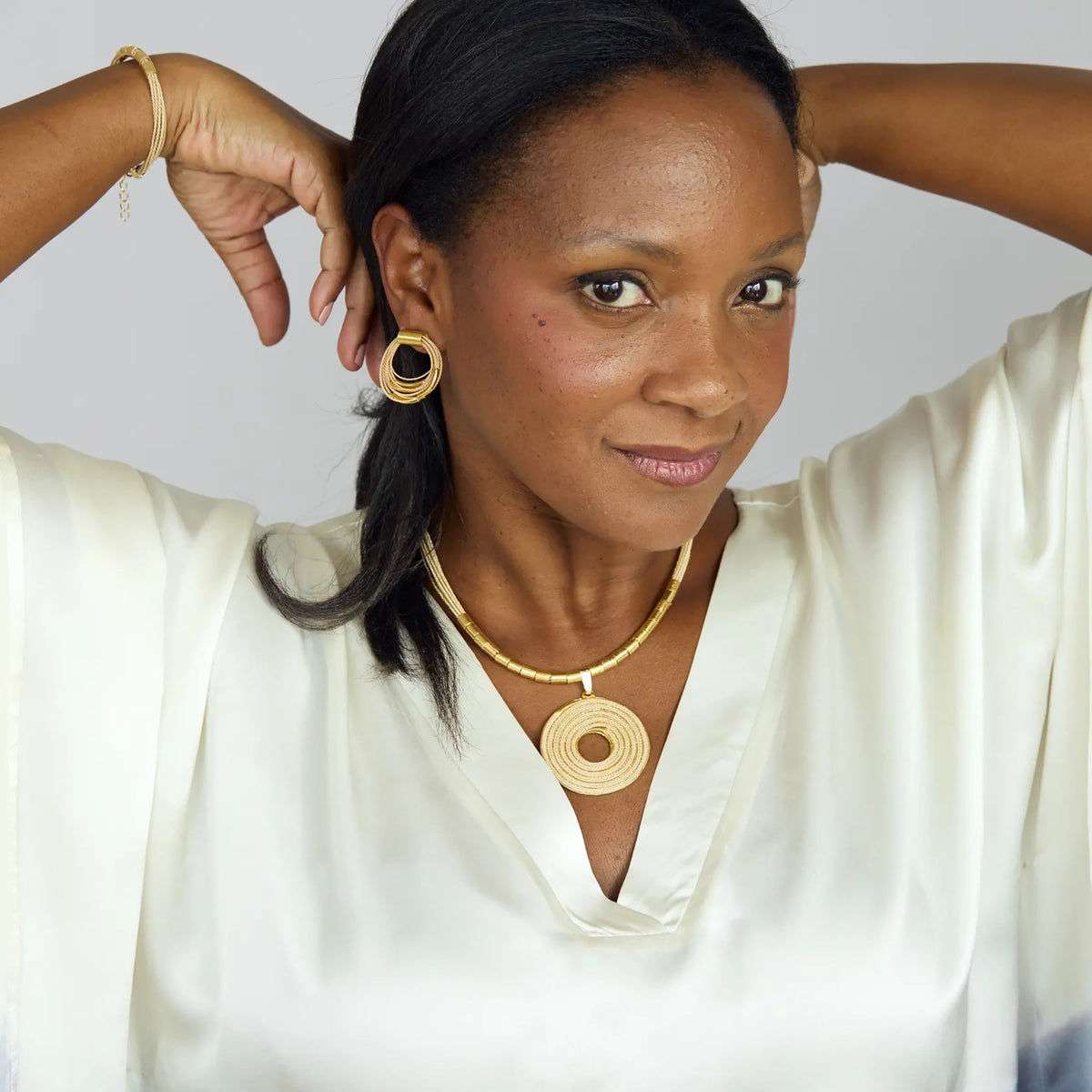 NART spiral buriti necklace large close-up on model, buy at DOORS NYC