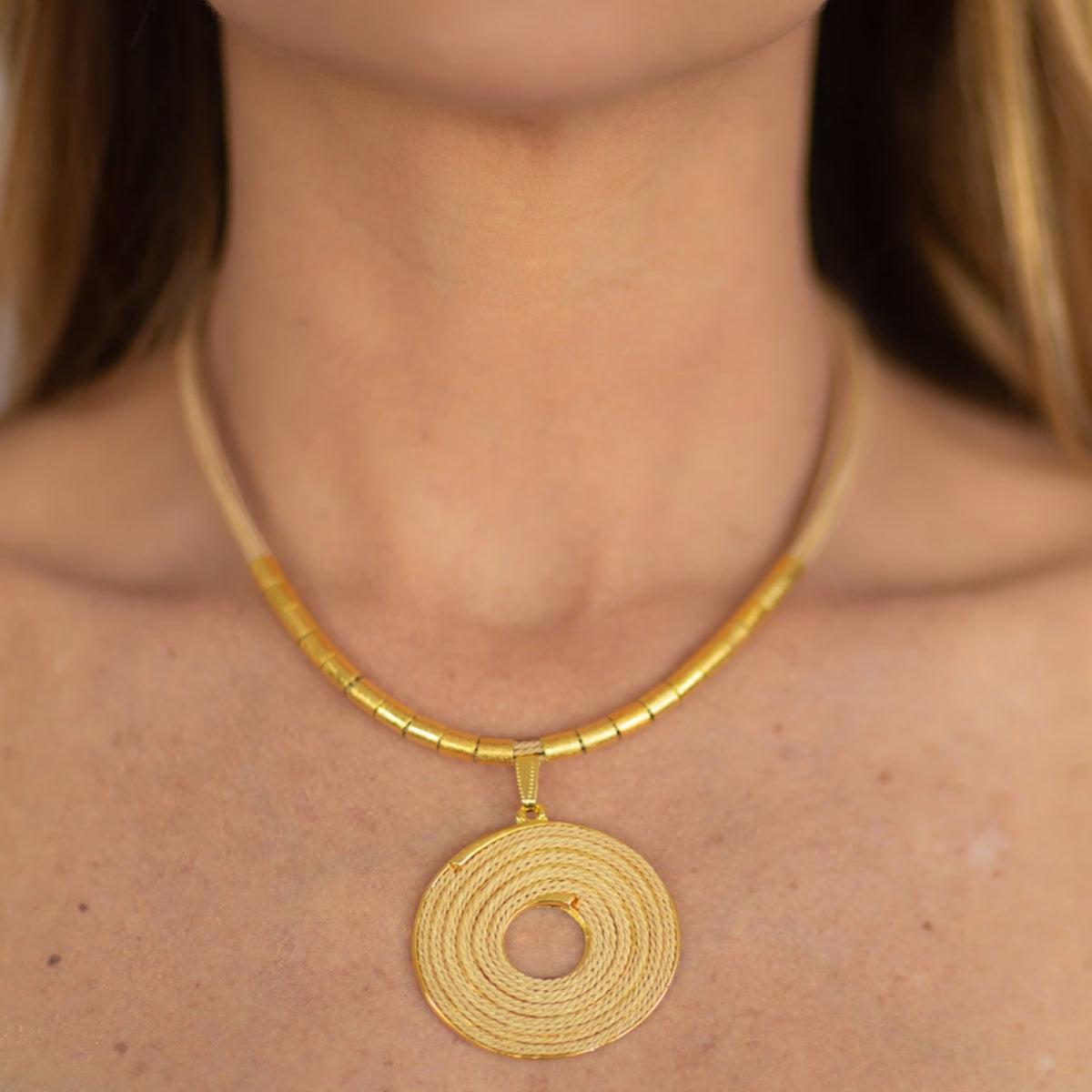 NART spiral buriti necklace large worn by model, women's artisan necklace, buy at DOORS NYC