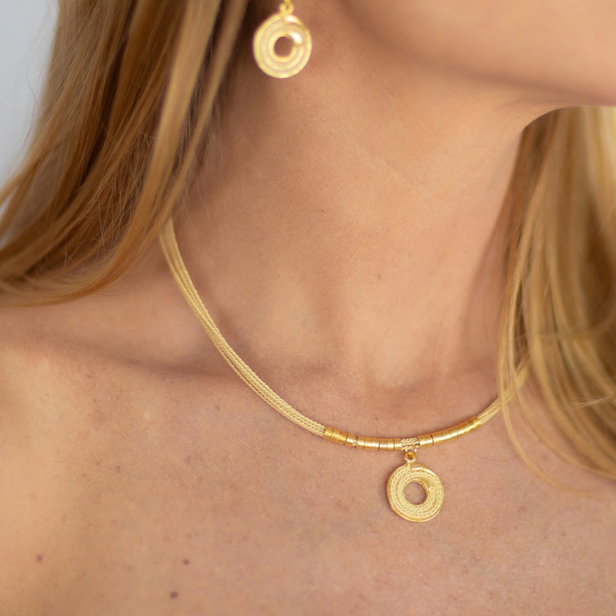 NART spiral buriti necklace small worn by model, women's artisan necklace, buy at DOORS NYC
