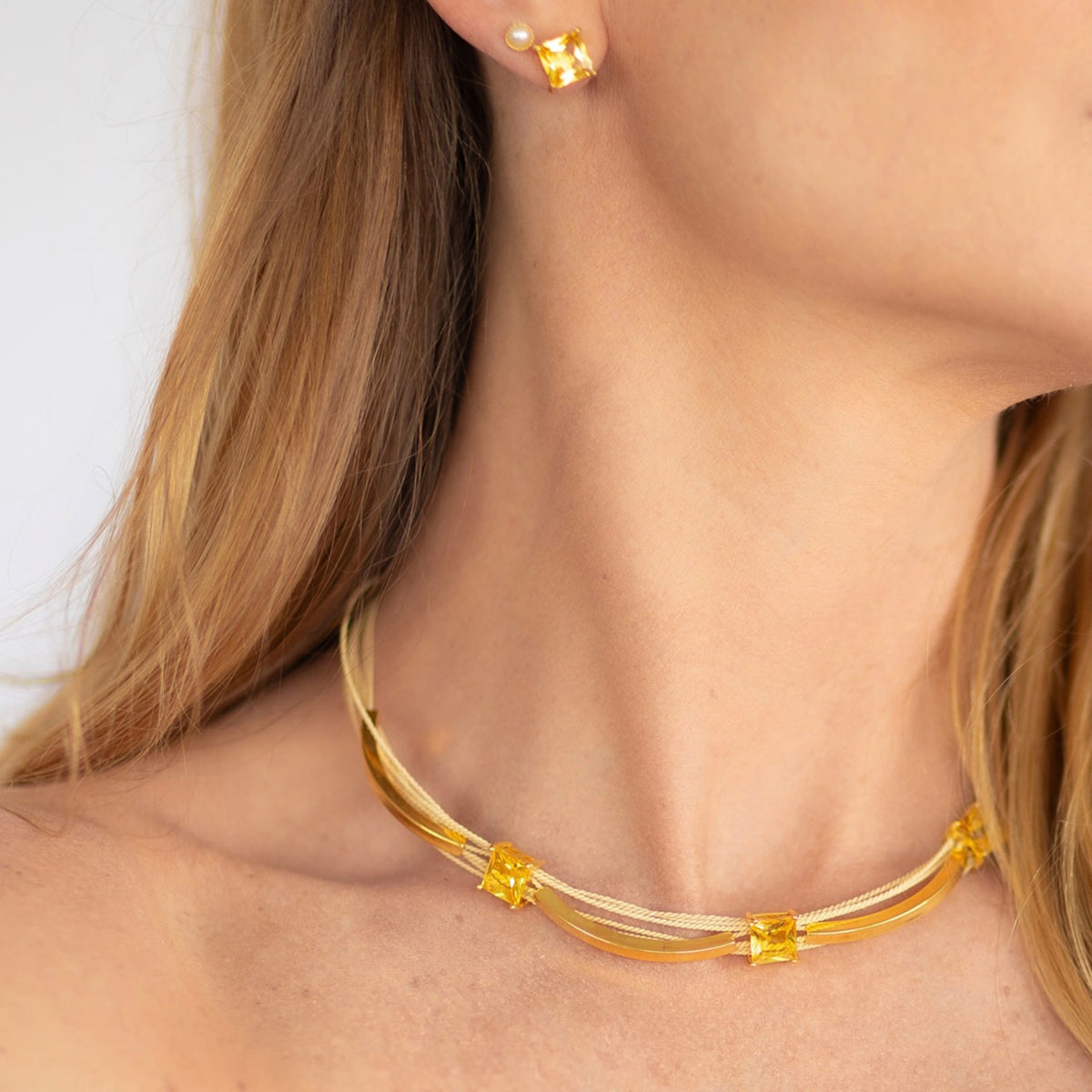 NART square buriti necklace worn by model, women's artisan necklace, buy at DOORS NYC