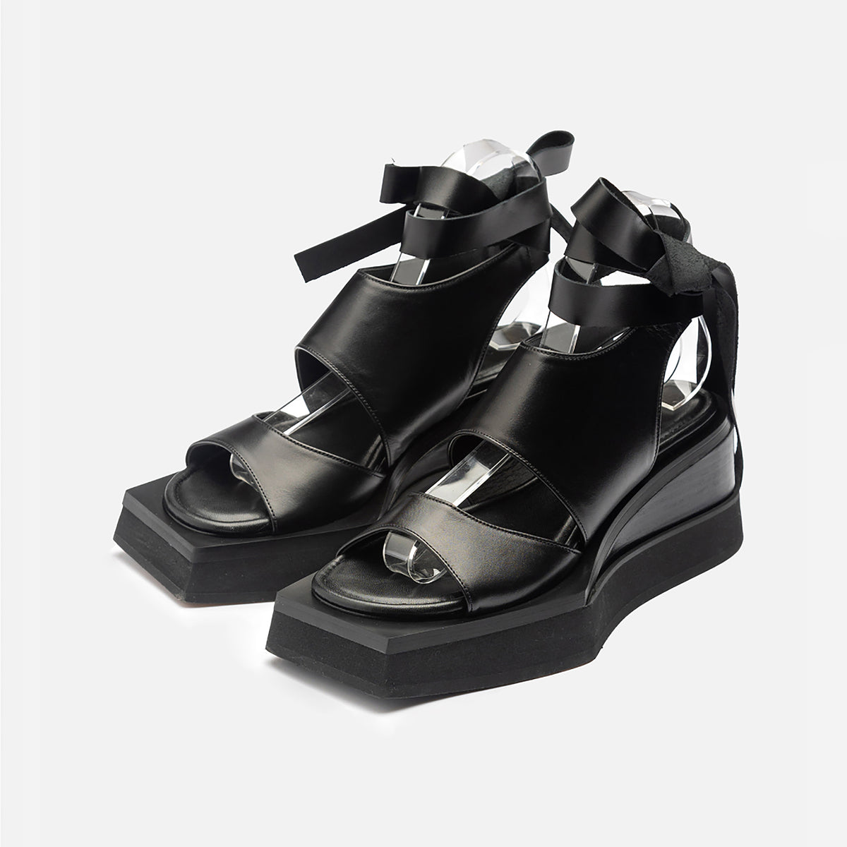 Black Leather Ribbon Strap Platform Sandals