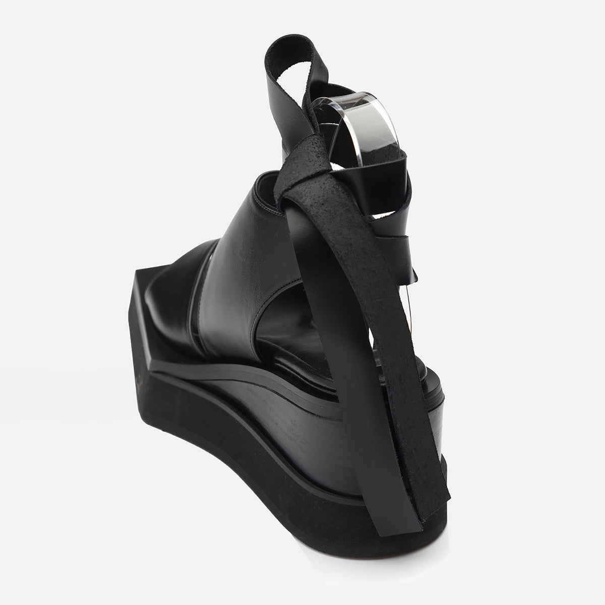Black Leather Ribbon Strap Platform Sandals