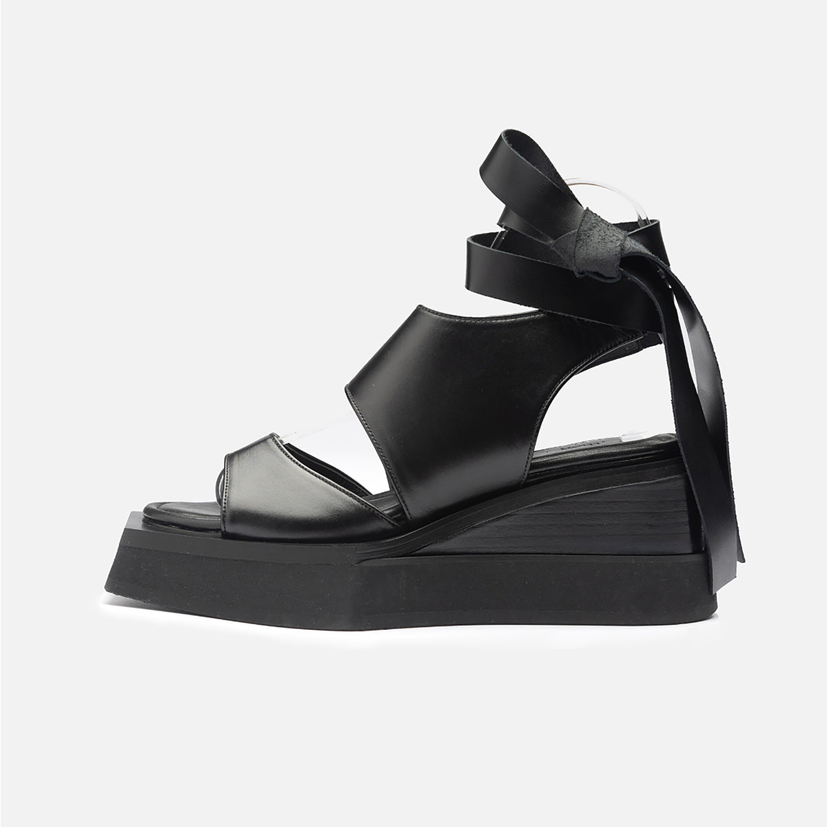 Black Leather Ribbon Strap Platform Sandals