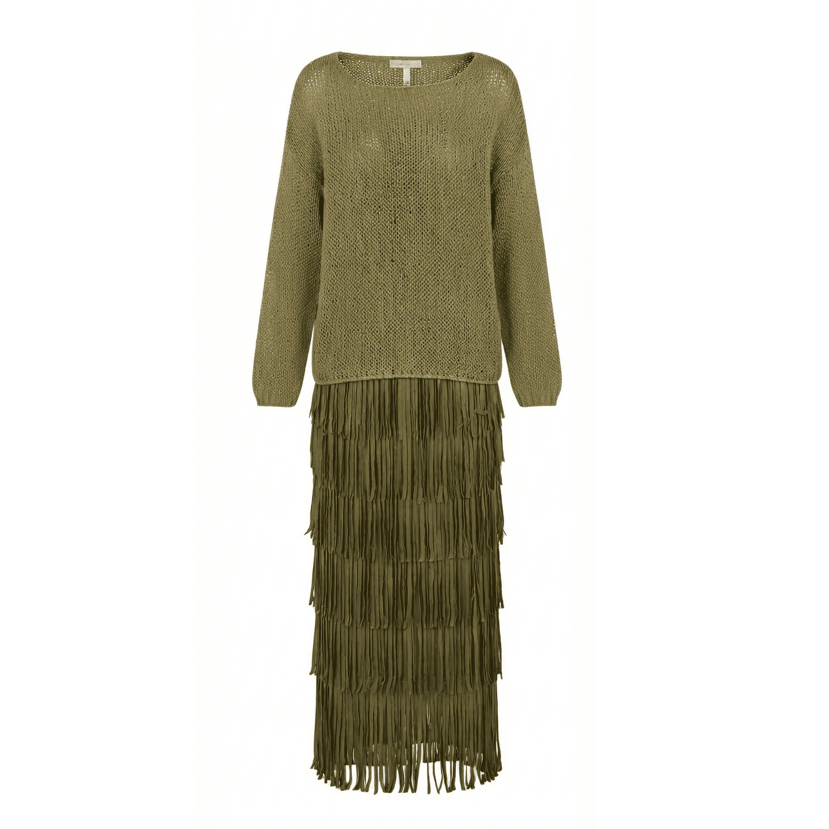 SILKERA - Olive Green Silk Fringe Skirt &amp; Crochet Top Set, buy at DOORS NYC