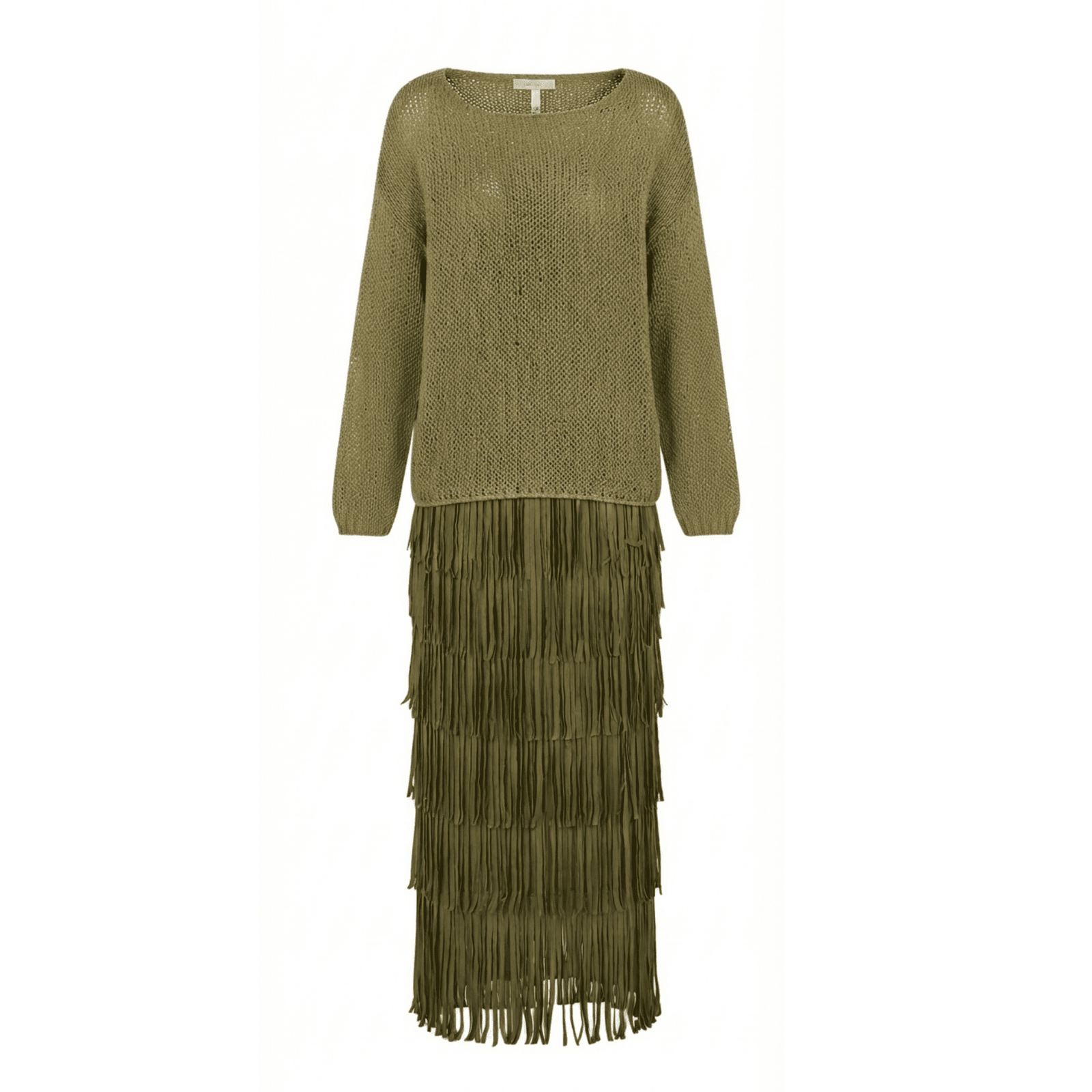 Olive Green Silk Fringe Skirt & Crochet Top Set