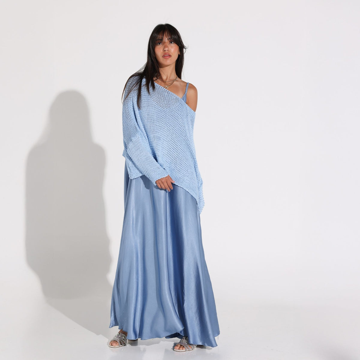 Powder Blue Silky Overlay Maxi Dress with Knit Top