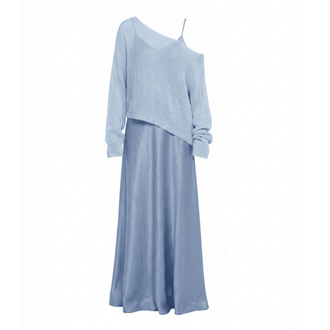 SILKERA - Powder Blue Silky Overlay Maxi Dress with Knit Top, buy at DOORS NYC