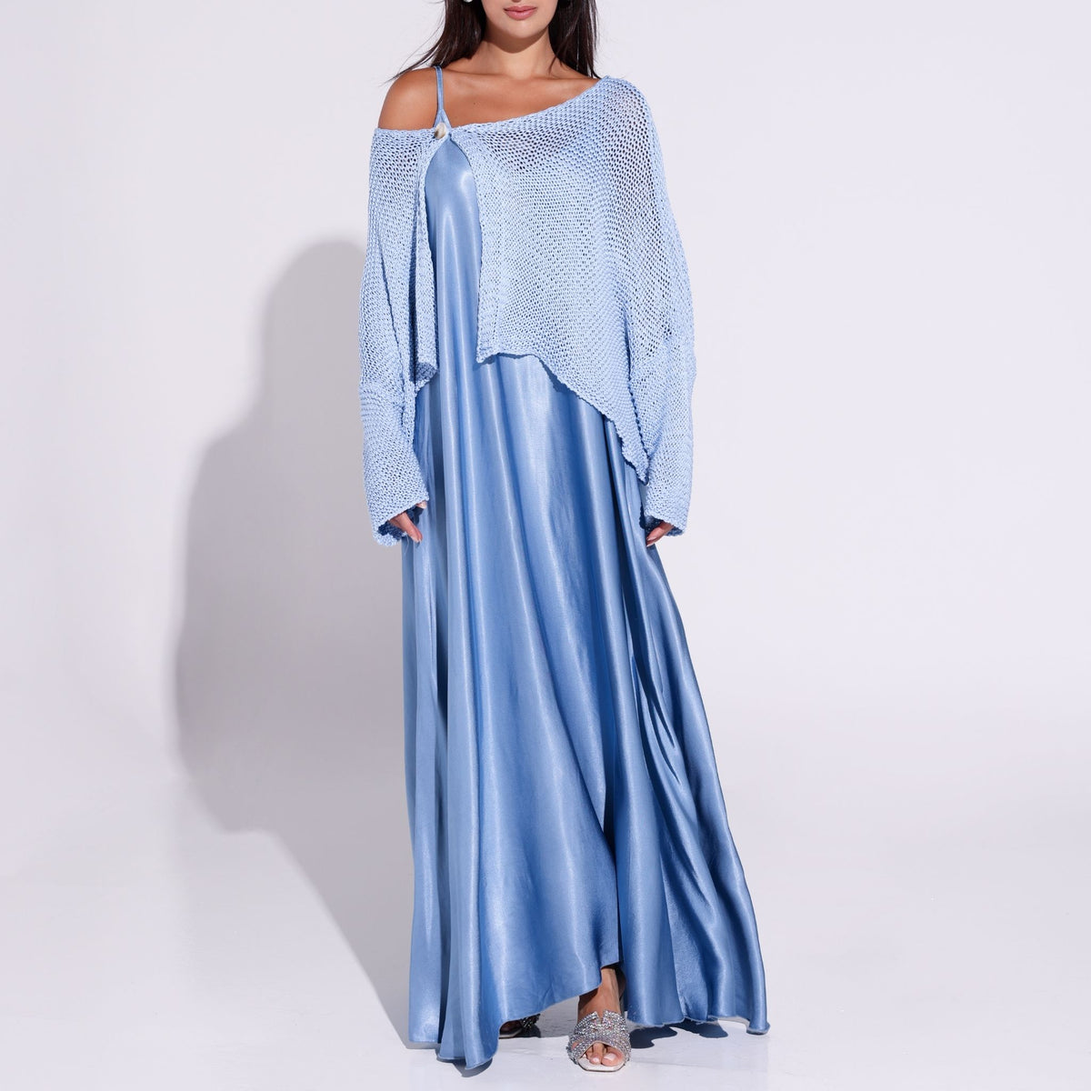 Powder Blue Silky Overlay Maxi Dress with Knit Top