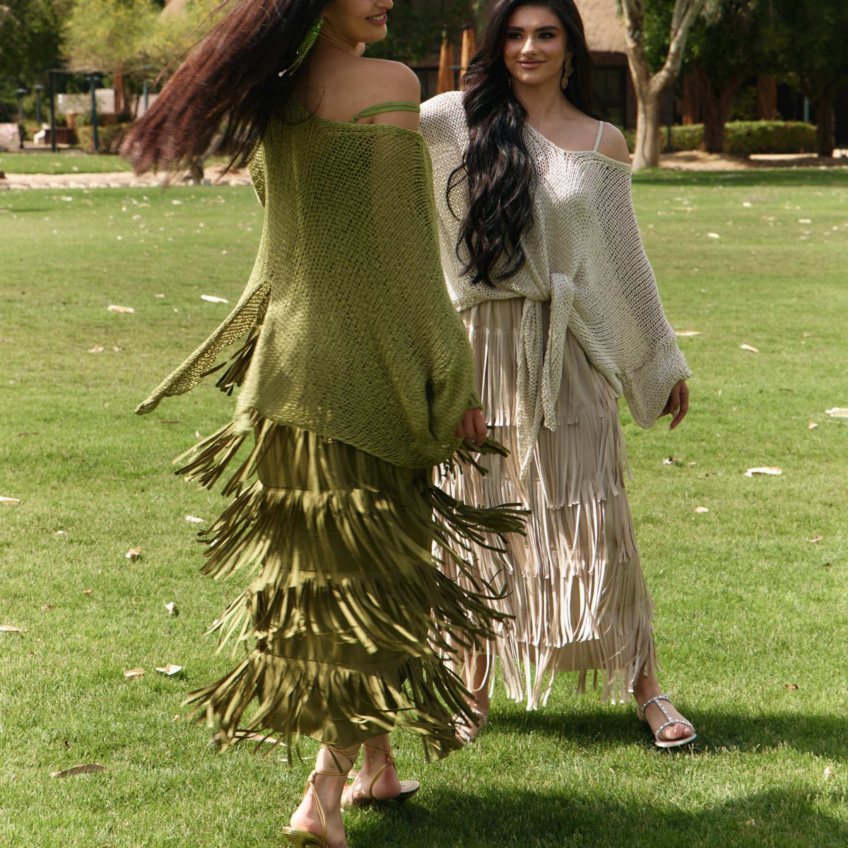 SILKERA - Beige Silk Fringe Skirt &amp; Crochet Top Set, buy at DOORS NYC