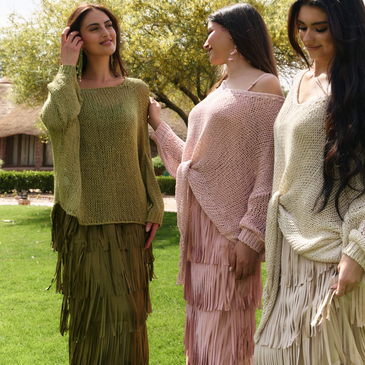 SILKERA - Beige Silk Fringe Skirt &amp; Crochet Top Set, buy at DOORS NYC