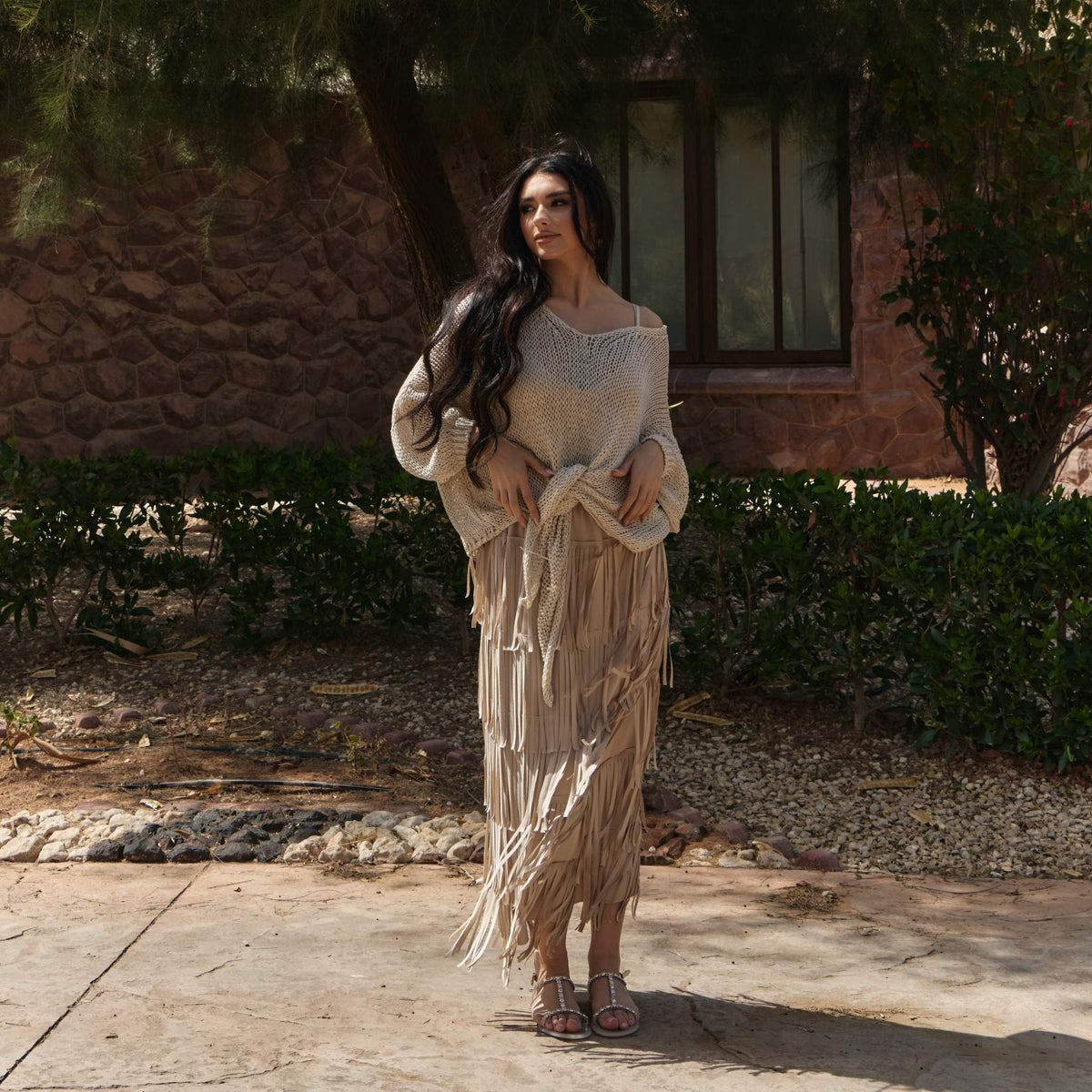 SILKERA - Beige Silk Fringe Skirt &amp; Crochet Top Set, buy at DOORS NYC